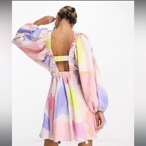 ASOS DESIGN structured batwing balloon sleeve mini dress in abstract print